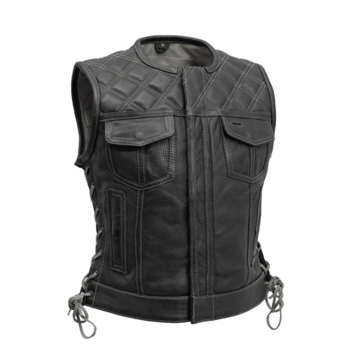 First Manufacturing Bonnie - Women's Motorcycle Perforated Leather Vest, Black/Gray