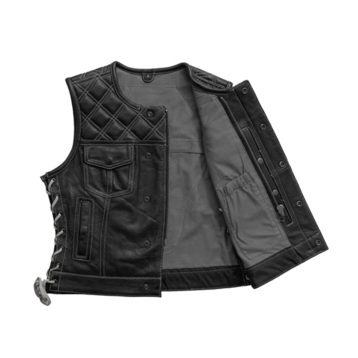 First Manufacturing Bonnie - Women's Motorcycle Perforated Leather Vest, Black/Gray