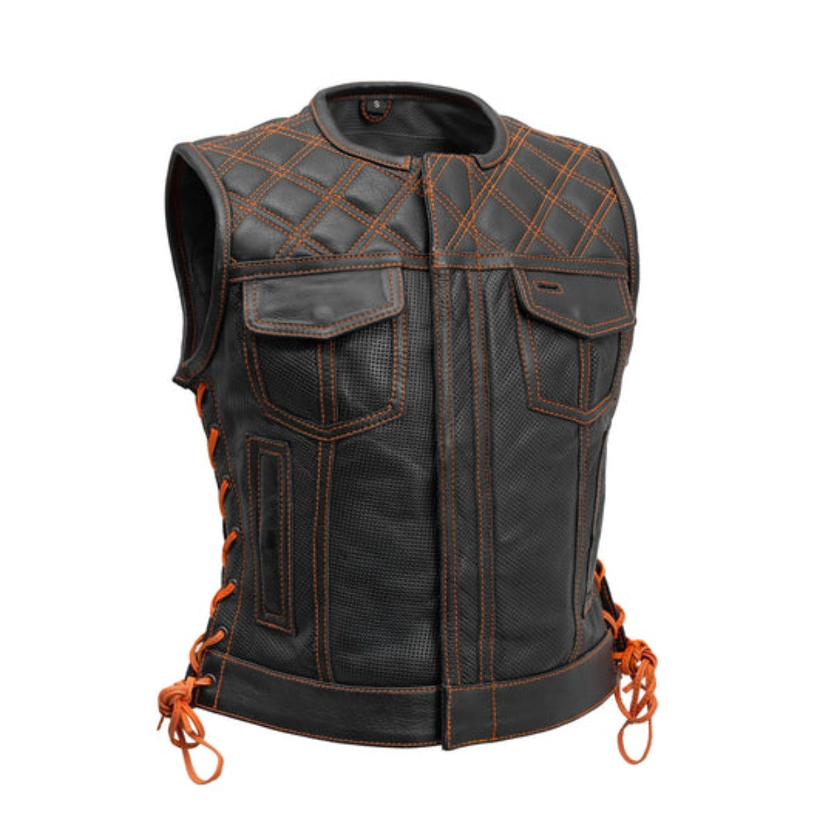 First Manufacturing Bonnie - Women's Motorcycle Perforated Leather Vest, Black/Orange