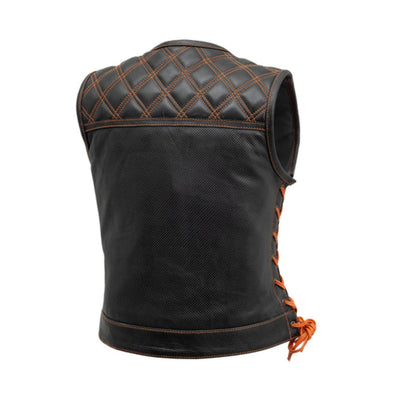 First Manufacturing Bonnie - Women's Motorcycle Perforated Leather Vest, Black/Orange