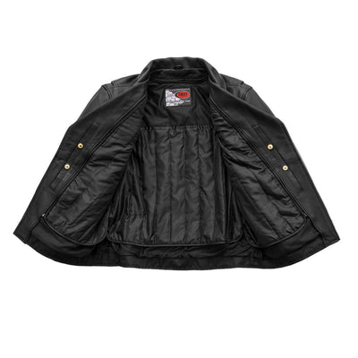 A First Manufacturing Fillmore jacket with gold buttons, perfect for men's biker style fashion.