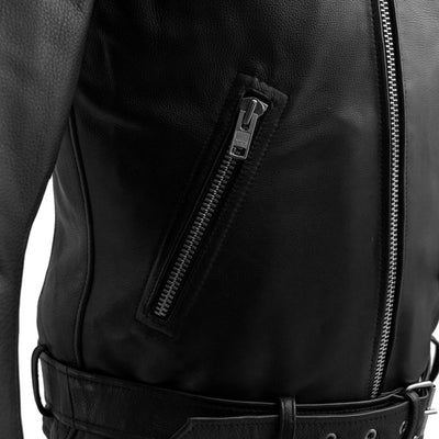 A high quality First Manufacturing Fillmore Jacket with zippers and a belt.