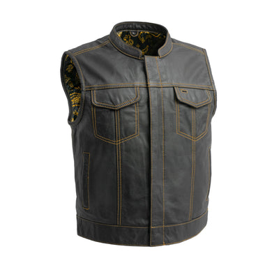 First Manufacturing The Club Cut Men's Motorcycle Leather Vest, Black/Gold