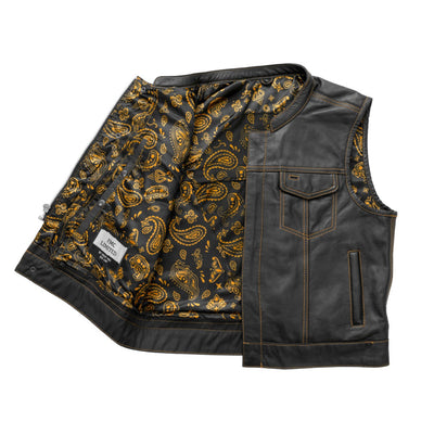 First Manufacturing The Club Cut Men's Motorcycle Leather Vest, Black/Gold
