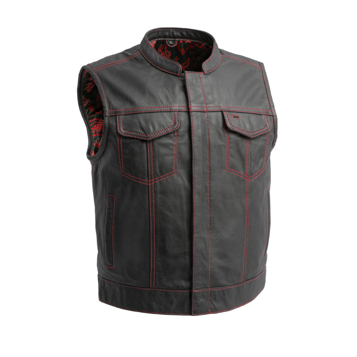 First Manufacturing The Club Cut Men's Motorcycle Leather Vest, Black/Red