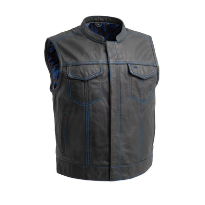 First Manufacturing The Club Cut Men's Motorcycle Leather Vest, Black/Blue