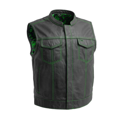 First Manufacturing The Club Cut Men's Motorcycle Leather Vest, Black/Green