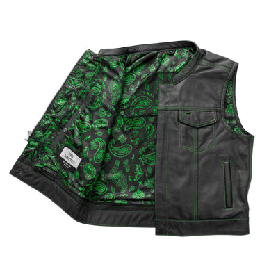 First Manufacturing The Club Cut Men's Motorcycle Leather Vest, Black/Green