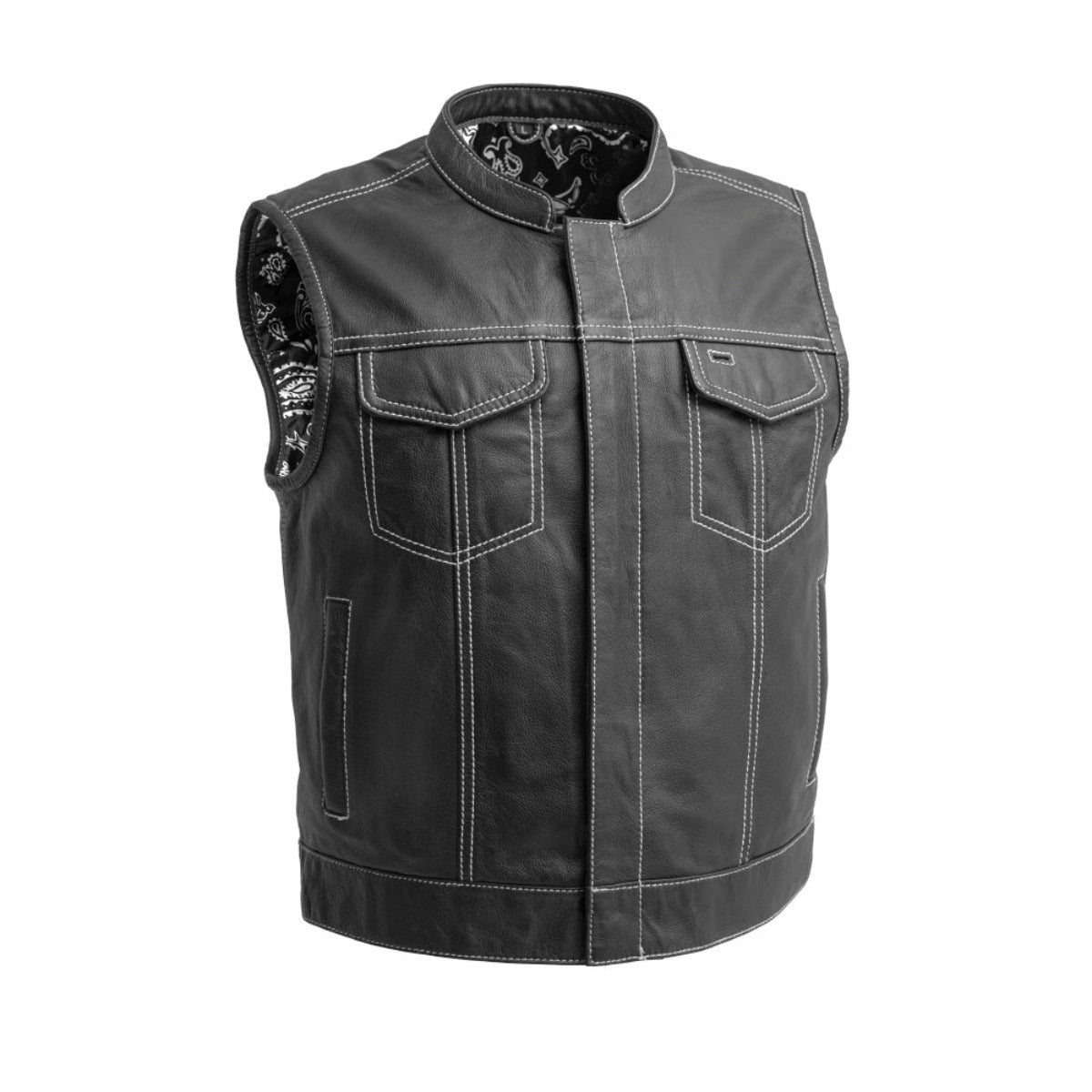First Manufacturing The Club Cut Men's Motorcycle Leather Vest, Black/White