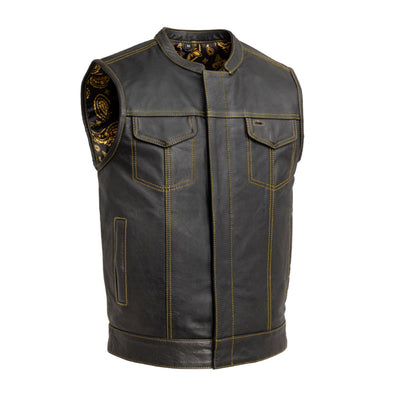 The First Manufacturing Men's The Cut Motorcycle Leather Vest, Black/Gold, a budget-friendly alternative with concealed carry pockets.
