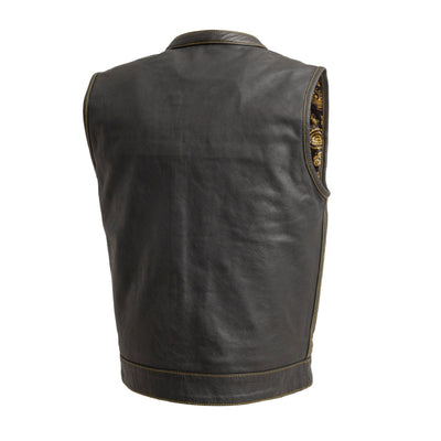 Budget-friendly alternative for a First Manufacturing Men's The Cut Motorcycle Leather Vest, Black/Gold with concealed carry pockets.