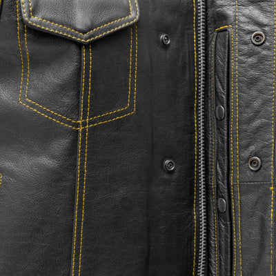 A close up of First Manufacturing Men's The Cut Motorcycle Leather Vest, Black/Gold with yellow stitching.