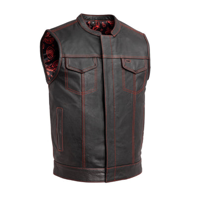 First Manufacturing Men's The Cut Motorcycle Leather Vest, Black/Red with red stitching, decorative shoulder paneling, and concealed carry pockets.