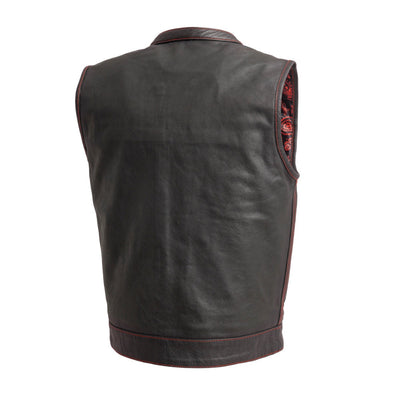 First Manufacturing Men's The Cut Motorcycle Leather Vest with concealed carry pockets, Black/Red, isolated on a white background.