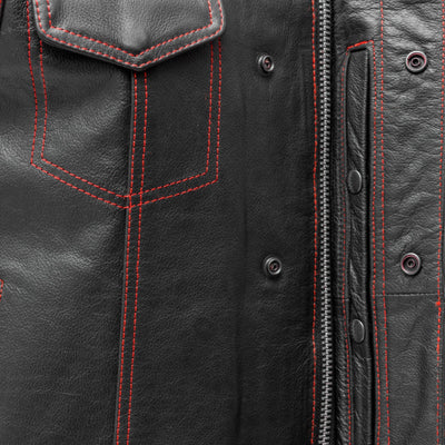 Close-up of a First Manufacturing Men's The Cut Motorcycle Leather Vest, Black/Red crafted from milled cowhide with red stitching and silver snap buttons, featuring concealed carry pockets.