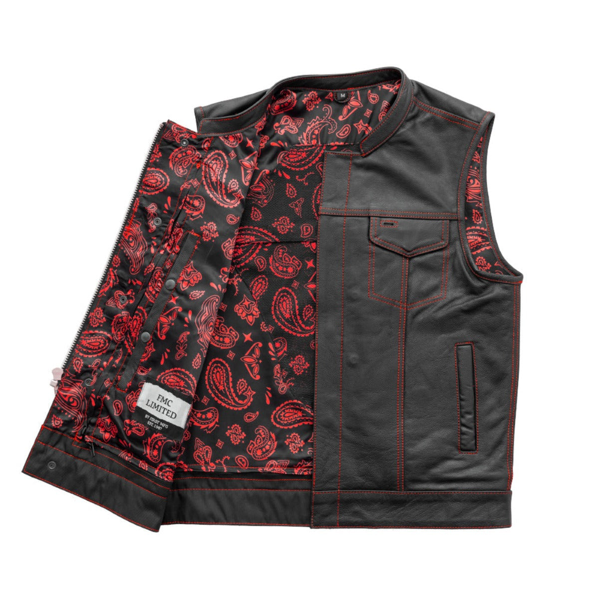 First Manufacturing Men's The Cut Motorcycle Leather Vest, Black/Red