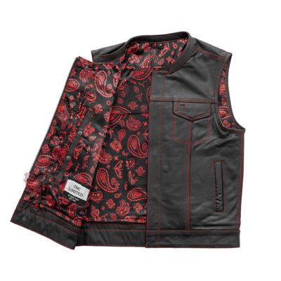 A First Manufacturing Men's The Cut Motorcycle Leather Vest, Black/Red with a red and black patterned lining laid flat on a white background, featuring concealed carry pockets.