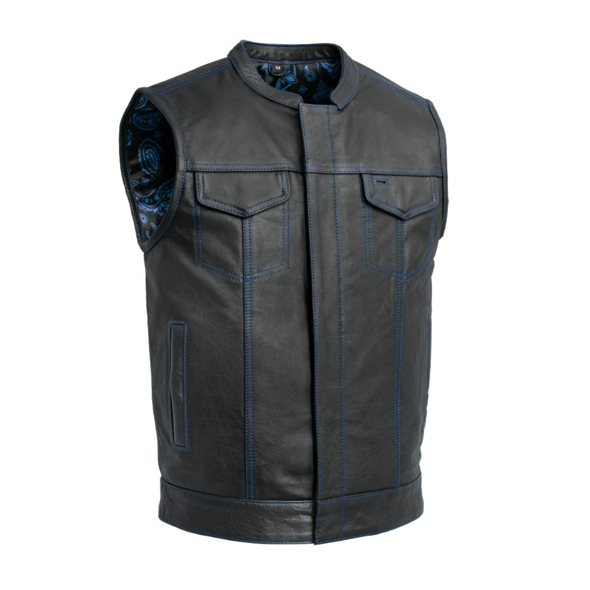 A First Manufacturing Men's The Cut Motorcycle Leather Vest made of milled cowhide with blue stitching, a budget-friendly alternative to other options.
