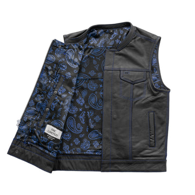 A budget-friendly alternative First Manufacturing Men's The Cut Motorcycle Leather Vest, Black/Blue club-style vest made from milled cowhide with a blue paisley print.