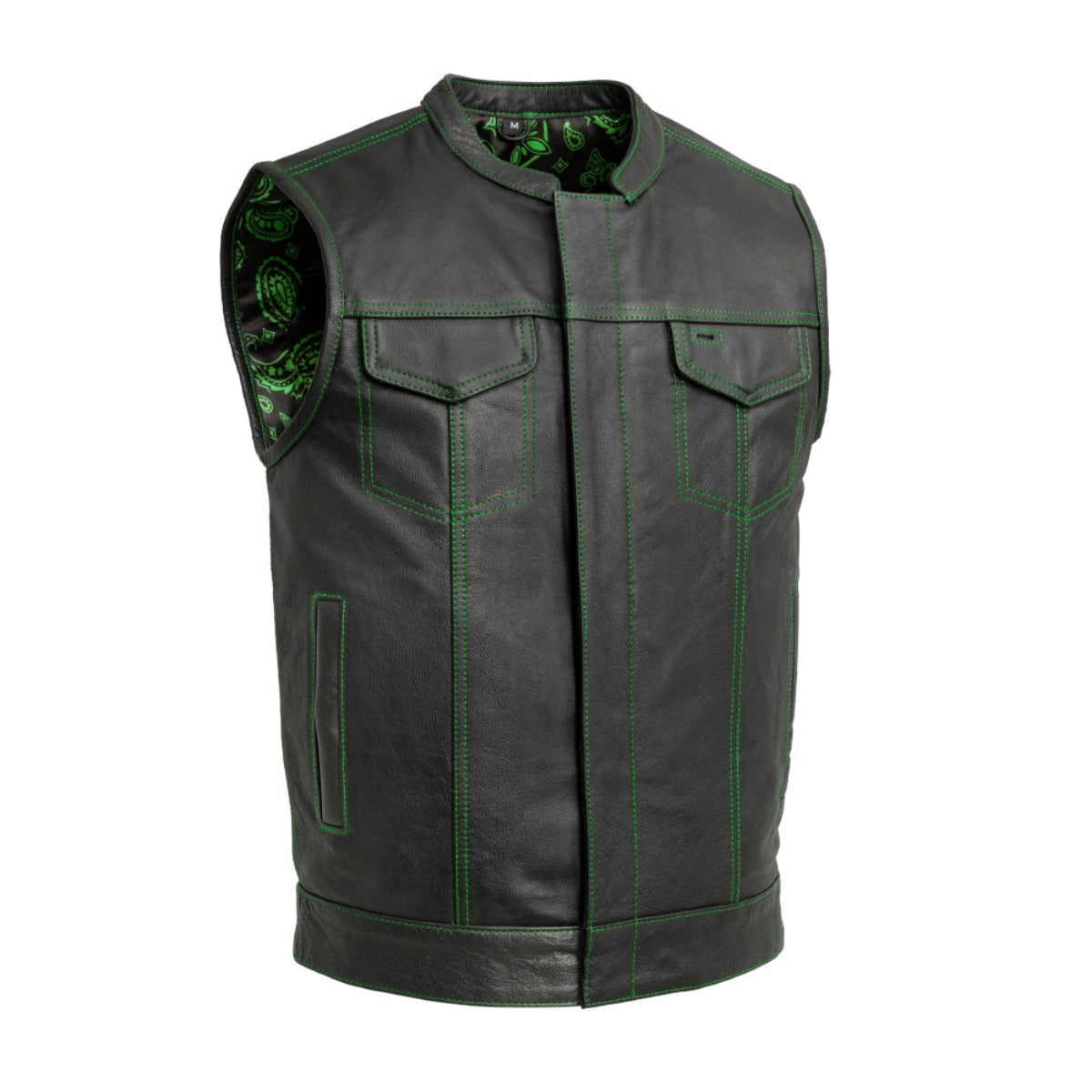 First Manufacturing Men's The Cut Motorcycle Leather Vest, Black/Green