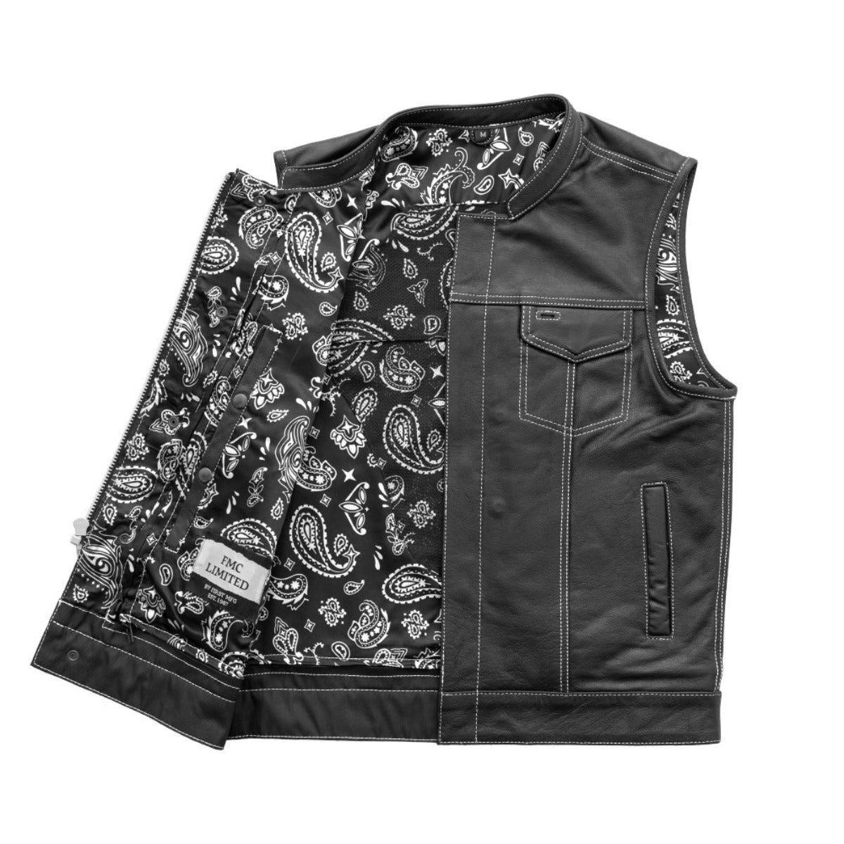 First Manufacturing Men's The Cut Motorcycle Leather Vest, Black/White