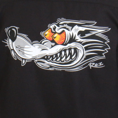 The "Hot Leathers Men's Race Wolf Long Sleeve Flannel" features an illustration of a snarling wolf with exaggerated features and glowing eyes, set against a black background, capturing the rugged charm of heavyweight cotton.