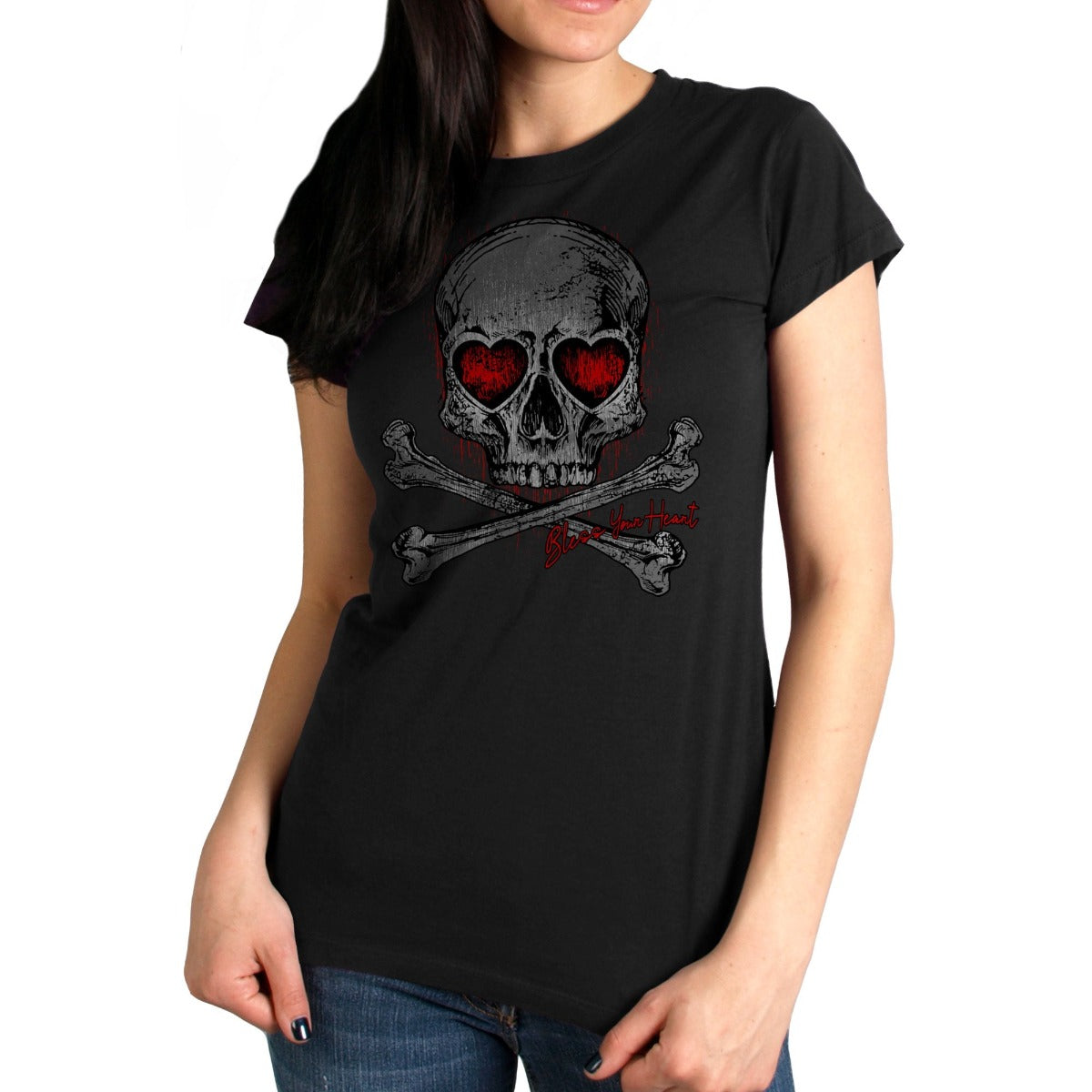 The Hot Leathers Ladies Heart Eyes Skull T-Shirt features a black cotton design with a screen-printed skull and crossbones motif, showcasing heart-shaped eye sockets and bold red text. Made in the USA, this distinctive piece adds an edgy flair to any wardrobe.