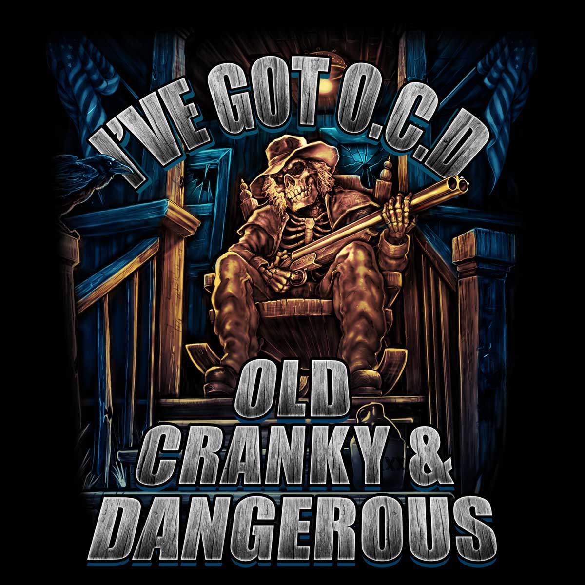 A skeleton in a hat and coat with a rifle relaxes on a porch, displaying skeleton artwork. The text reads "I've Got O.C.D.: Old Cranky & Dangerous" on this black, 100% cotton men's t-shirt from Hot Leathers.