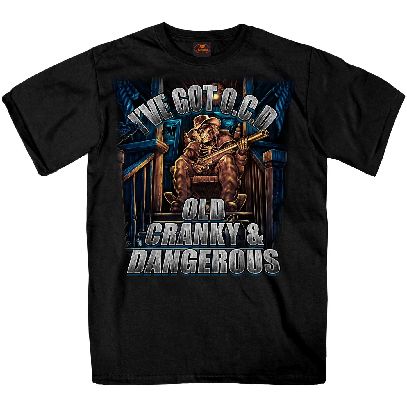 The Hot Leathers Men's OCD Old Cranky and Dangerous T-shirt in black is made from 100% cotton and showcases a striking illustration of a seated person with a shotgun, along with the bold text "I've Got O.C.D. Old Cranky & Dangerous" that complements its unique skeleton artwork.