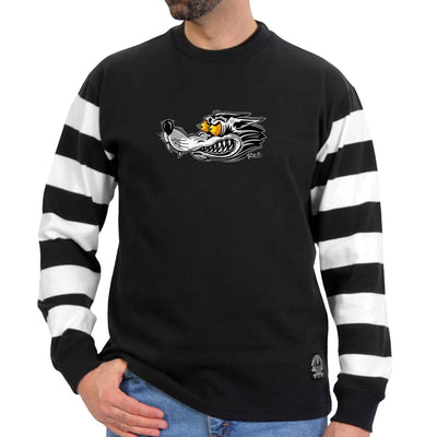 A man sporting the Hot Leathers Men's Race Wolf Striped Jersey Long Sleeve Shirt, a heavyweight black sweatshirt with white-striped sleeves and an illustration of a wolf's head on the front.