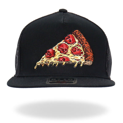 The Hot Leathers Men's Pepperoni Skull Pizza Snapback Hat is a black mesh-back cap featuring an embroidered slice of pepperoni skull pizza with melting cheese on the front.