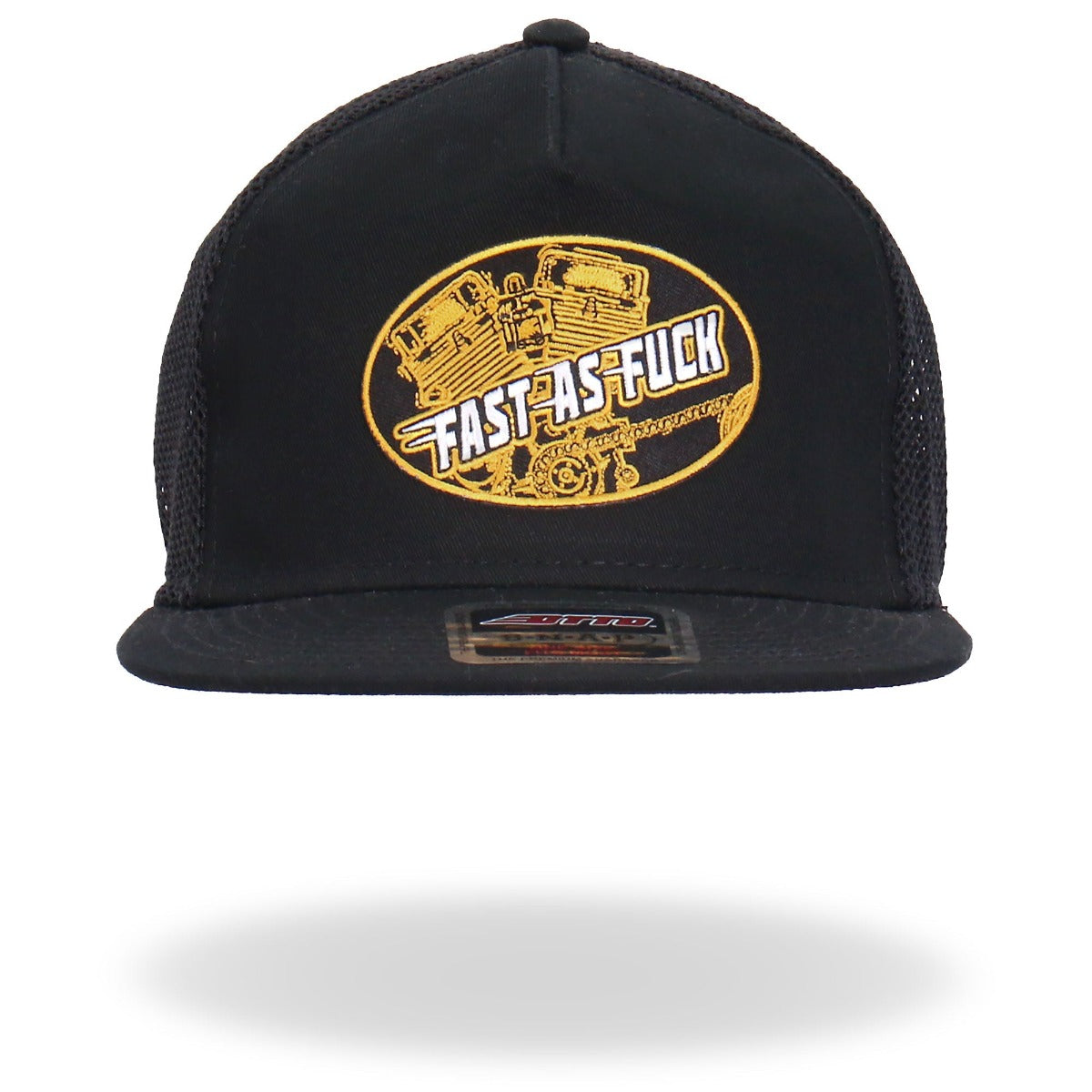 A black Hot Leathers Men's Fast As F*ck Snapback Hat with a yellow and white patch that reads "FAST AS FUCK," accompanied by edgy graphic elements depicting a truck and engine. The hat, perfect as a motorcycle accessory, features a mesh back and flat brim.