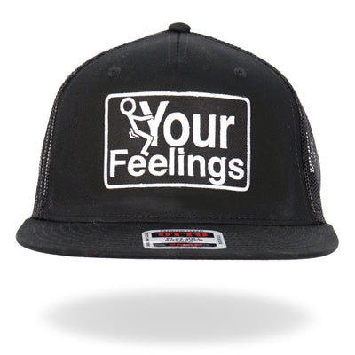 A Hot Leathers F Your Feelings snapback hat with a patch bearing the words your feelings on it.