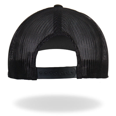The back view of a black mesh trucker hat featuring a Hot Leathers F Your Feelings Snapback Hat patch.