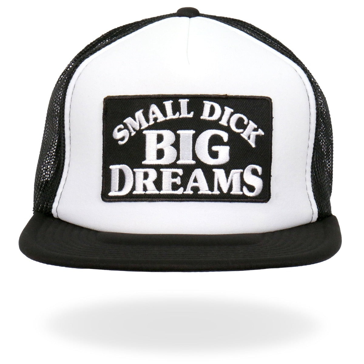 An essential accessory, the Hot Leathers Small D*ck Big Dreams Snapback Hat sports a black and white trucker design with a mesh back. It boasts a front patch that boldly reads "Small D*ck Big Dreams," making it perfect for adding an edgy touch to any outfit.