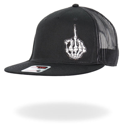 A high-quality Hot Leathers Black Skeleton Hand DILLIGAF Snapback hat with an original skull and crossbones design.