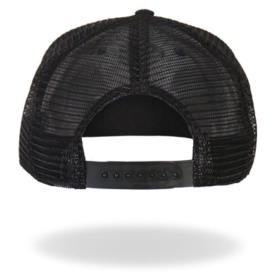 The high quality back view of a Hot Leathers Black Skeleton Hand DILLIGAF Snapback Hat with snap back closure.