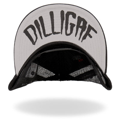 A high quality Hot Leathers Black Skeleton Hand DILLIGAF snapback hat adorned with original artwork of the word diligree.