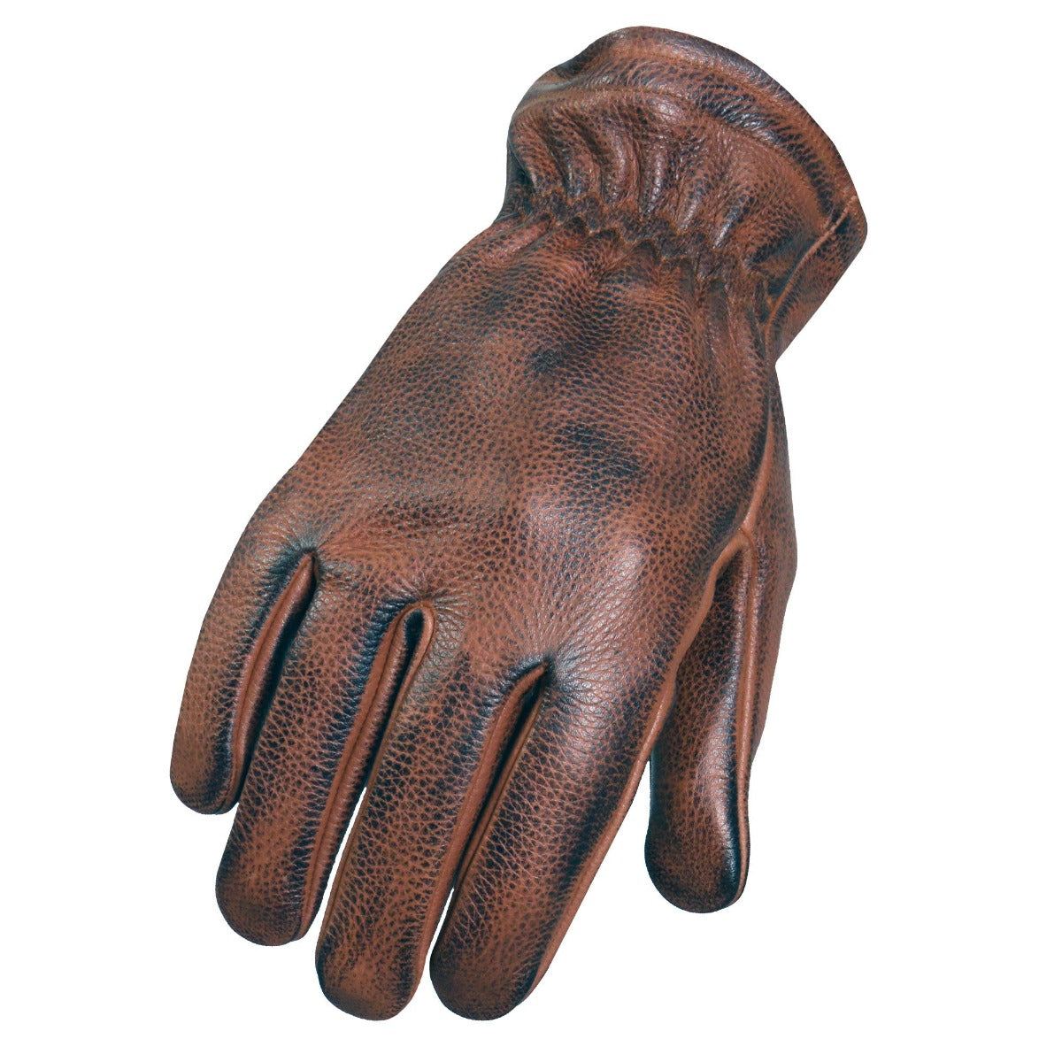 A single Hot Leathers Distressed Brown Driving Glove, showcasing its textured surface and gathered wrist.