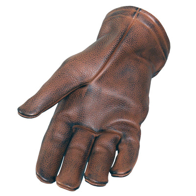 A single Hot Leathers Distressed Brown Driving Glove, crafted from full grain cowhide, sits with fingers slightly curled and palm facing down.