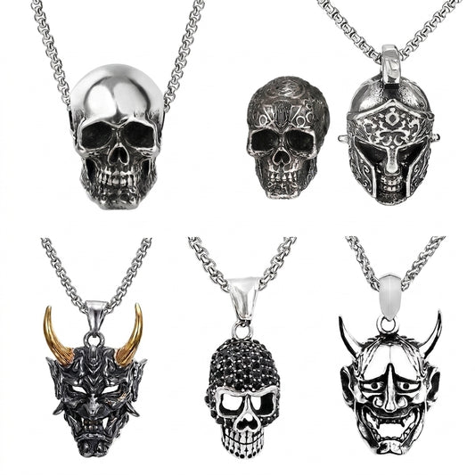 Stainless Steel Biker Ring - Retro Skull Engine Necklace Chain Machine