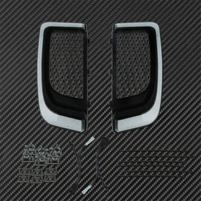 A pair of Motorcycle LED Turn Signal Light Fairing Lower Grills for Harley Touring on a black background.