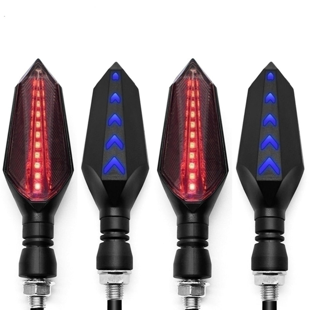 Three Universal Motorcycle LED Turn Signal Sequential Flow lights in red and blue, enhancing safety.