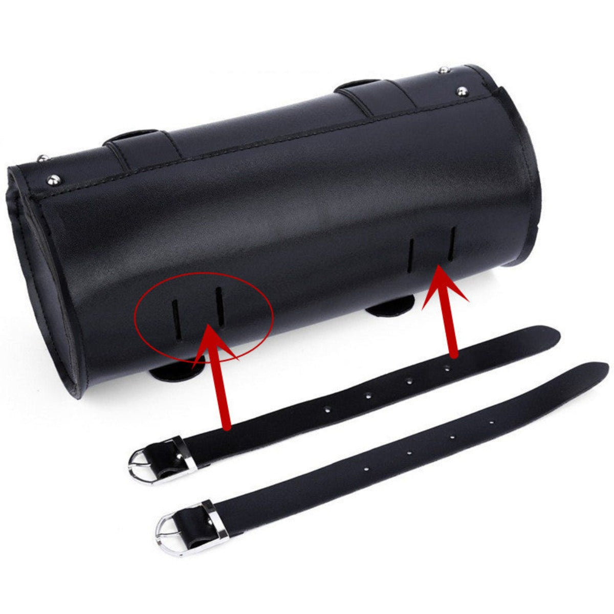 A black Motorcycle Leather Duffle Roll Bag with two straps, perfect as a motorcycle leather tool roll bag.