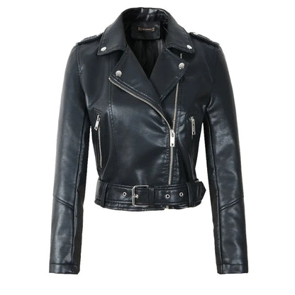 Alr™ Women's PU Leather Motorcycle Jacket with Zipper & Belt