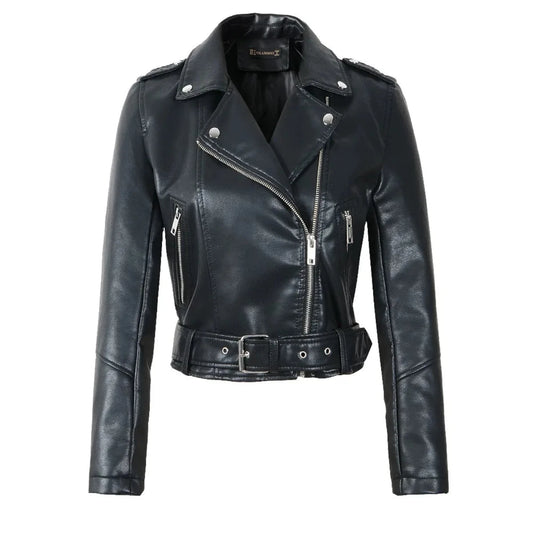 Alr™ Women's PU Leather Motorcycle Jacket with Zipper & Belt