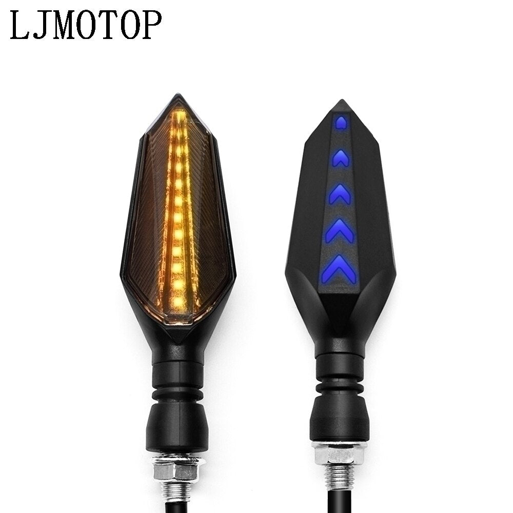 Two Universal Motorcycle LED Turn Signal Sequential Flow lights with blue and black lights, ensuring safety with their sequential flow.