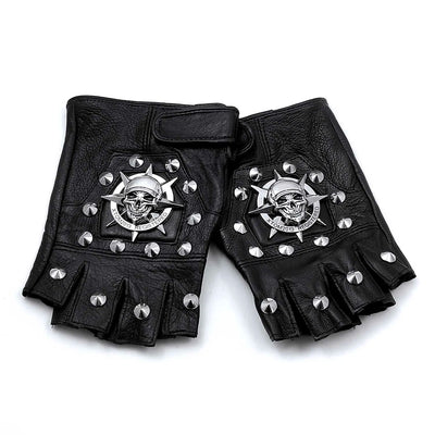 A pair of Men's Skull Steampunk Biker Leather Gloves with skull punk rock detailing.