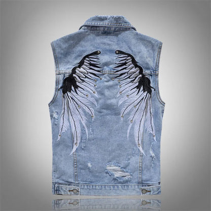 Alr™ Men's Ripped Denim Vest with Wing Embroidery