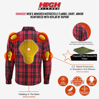 Mens Armored Motorcycle Flannel Shirt, Armor Reinforced with Kevlar by DuPont